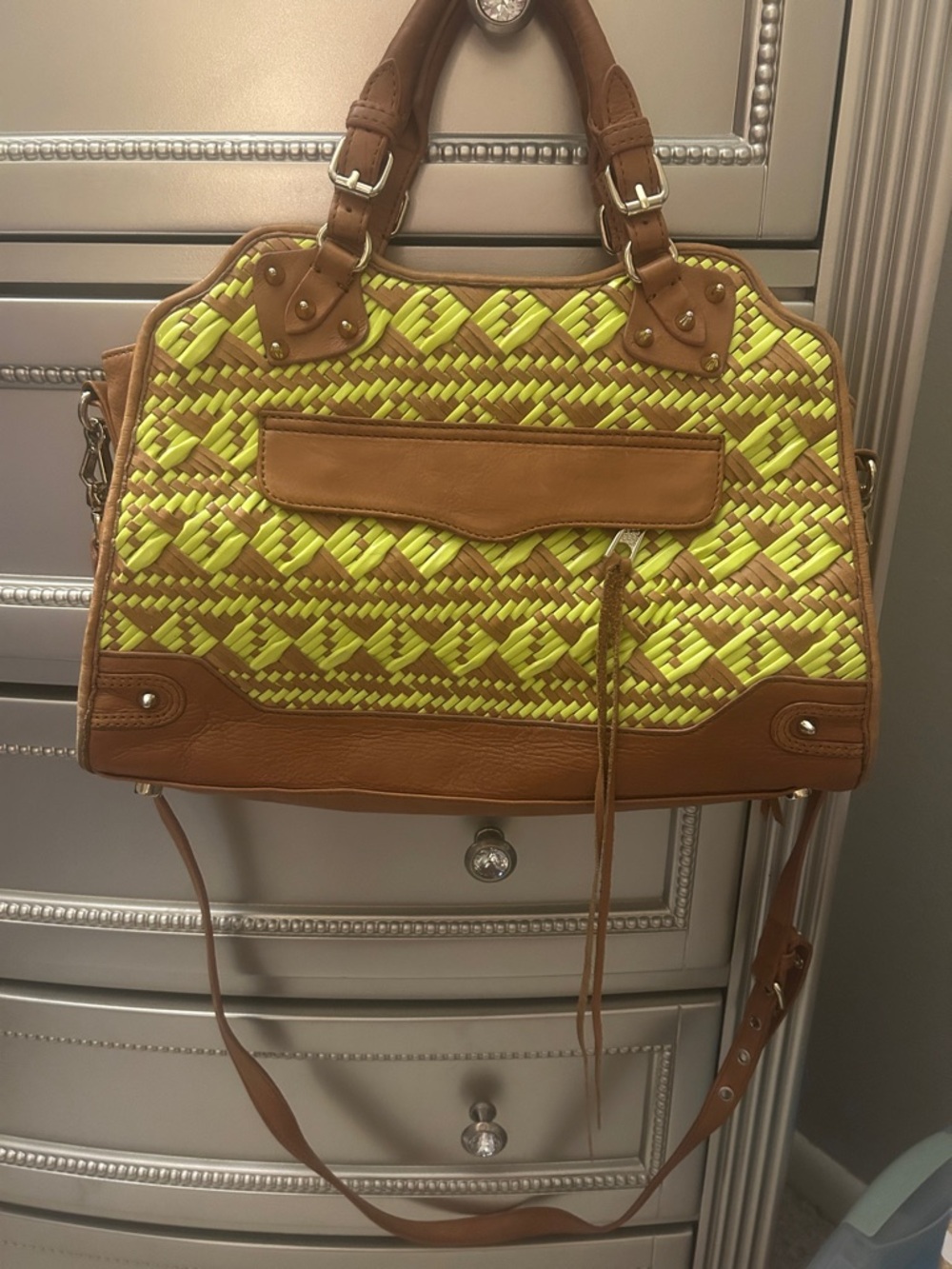 Sold Rebecca Minkoff Neon Yellow and Tan Woven Shoulder Bag with strap